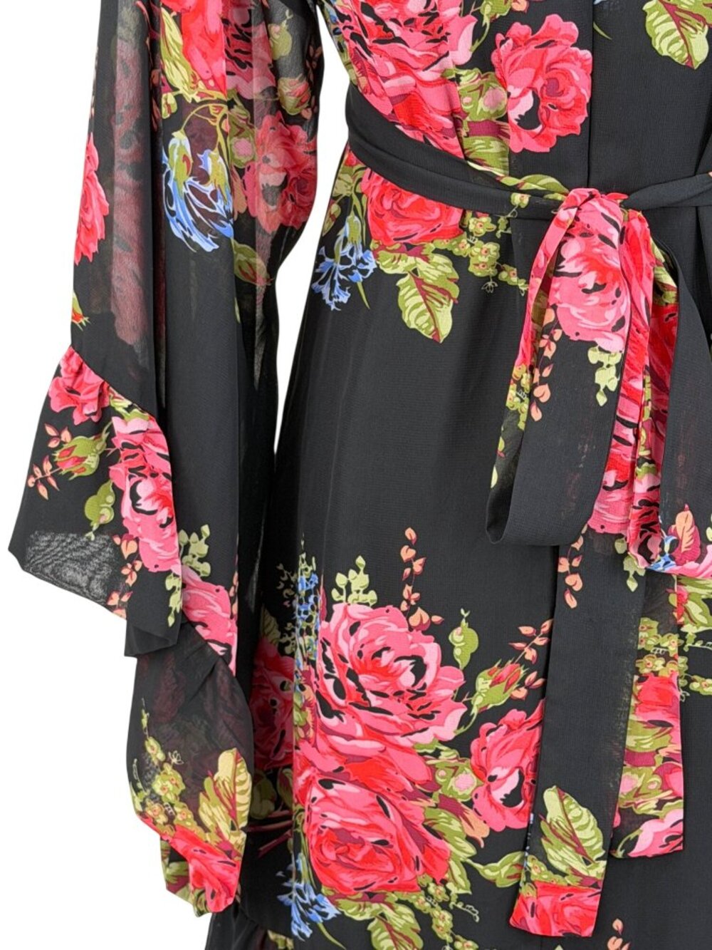 Betsey Johnson Black Bambi Floral Bell Sleeve Ruffle Hem Dress 8 | Y2K Boho Glam - Picture 11 of 16